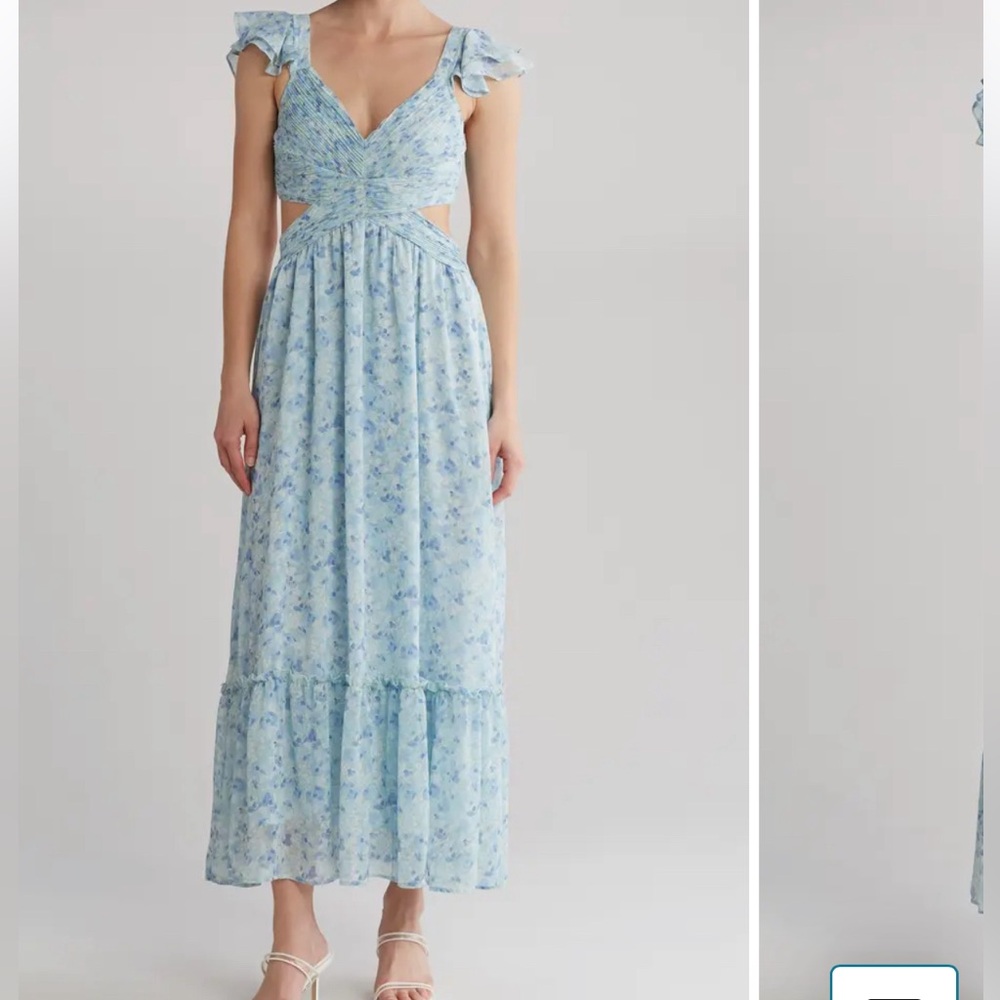 Pleated cut out blue floral midi maxi dress